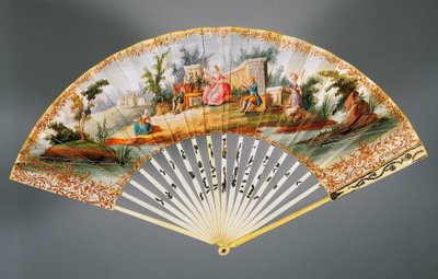 牧歌的なシーンが描かれたダブルリーフのハンドファン、アイボリーとシルバーのリブ 作： French School