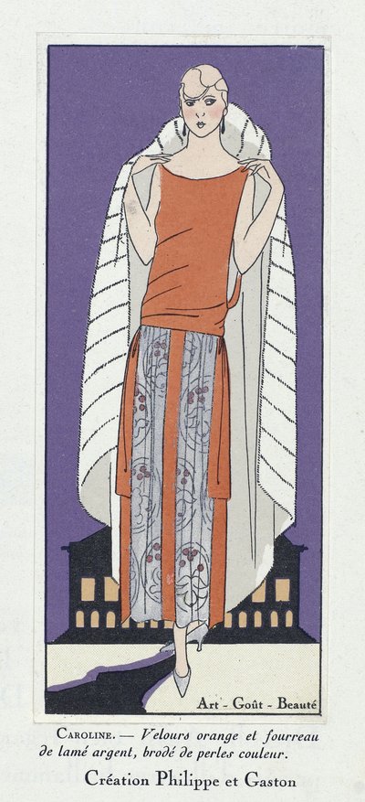 ドレス・デザイン「カロリーヌ」、パブ「アール・グット・ボーテ」より。1920年代（カラーリトグラフ） 作： French School
