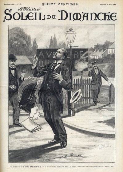 ドレフュス事件 - レンヌ裁判中のMaitre Laboriへの殺人未遂 - Alfred Dreyfus (1859-1935)の弁護人であるFernand Labori (1860-1917)氏への攻撃。 作： French School
