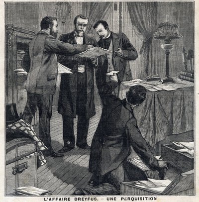 ドレフュス事件。3人の私服警官と警視総監がジョルジュ・ピカール（1854-1914）の自宅を捜索する。1897年12月5日の「Le Peute Parisien」にて。個人蔵 作： French School