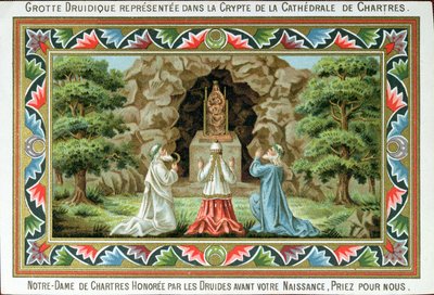 1887年、シャルトルの洞窟跡でマドンナと子供の像を祈るドルイド僧 作： French School