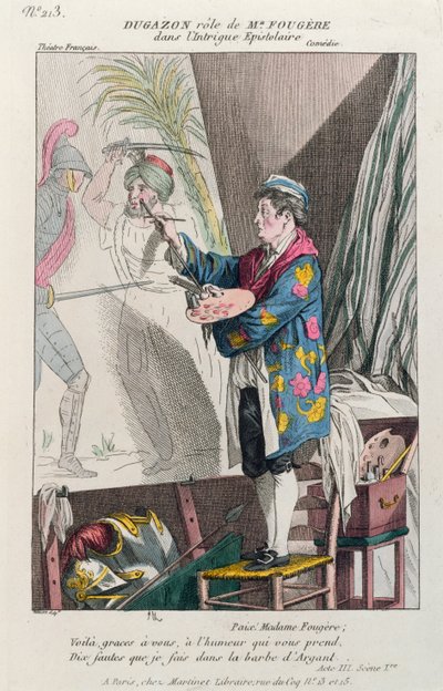 画家、フジェールの役を演じたデュガゾン、陰謀エピストレール、1799年、パリのテアトルフランセで制作（カラー彫刻） 作： French School