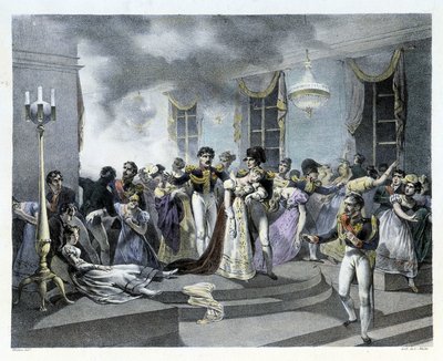 1810年7月1日、パリのオーストリア大使館でナポレオン1世とマリー・ルイーズの結婚を祝っている最中に火災が発生した。数名の死者が出た。ナポレオン1世は後に消防隊を創設した。 作： French School