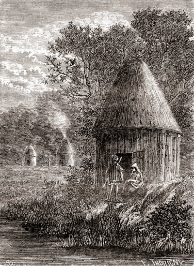 1870年頃に出版された「Les Merveilles de la Science」に掲載されている、火事の煙を逃がすために屋根に穴を開けた丸い小屋、初期のガリア人の家（エングレーヴィング 作： French School