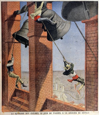 1908年4月19日、ルプティジャーナルの表紙イラスト、セビリアのヒラルダの塔で鳴くイースターベル 作： French School