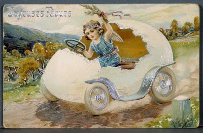 車に変身した卵の殻に座る小さな天使を描いたイースターのグリーティングカード。 作： French School