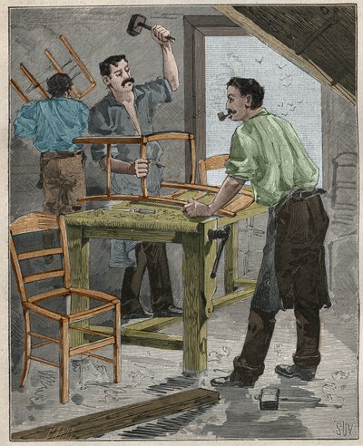 エベニステリー：19世紀のフランスで行われた椅子の組み立て。Adolphe BITARDの "Les arts et metiers illustres "に掲載された1885年の図版。 作： French School
