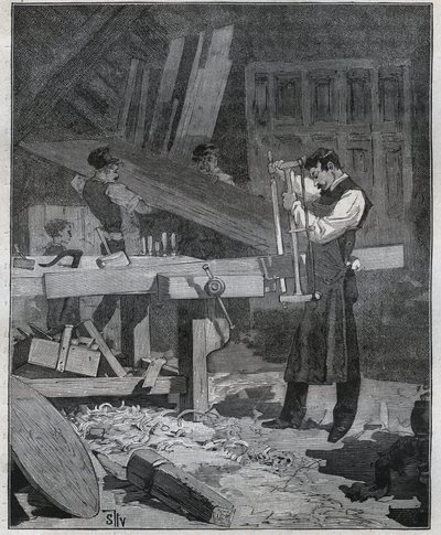 Ebenisterie：確立された場所で板を割るエベニストの労働者。Adolphe BITARDの "Les arts et metiers illustres "に掲載された1885年のエングレーヴィング。 作： French School