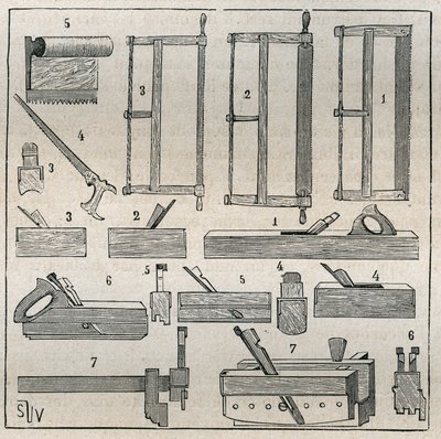 エベニスター：通常の道具、ノコギリ、カンナ。Adolphe BITARDの "Les arts et metiers illustres "に掲載された1885年の版画。 作： French School