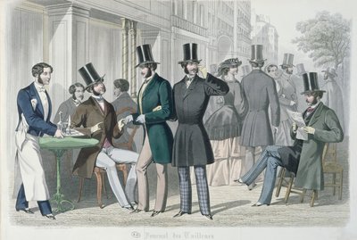 カフェのテラスに立つ優雅な若者たち、1857年（カラー彫刻） 作： French School