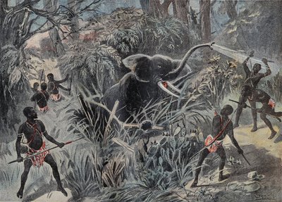 アフリカでのエレファント・ハンティング。落とし穴に落ちた象は矢で仕留められる。1899年1月22日付「ル・ペレラン」誌に掲載された版画。 作： French School