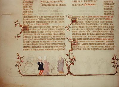 エリエゼルがレベッカをイサクに贈るシーン（『ジャン・ド・シーの聖書』より）1355年頃（ベラム製 作： French School