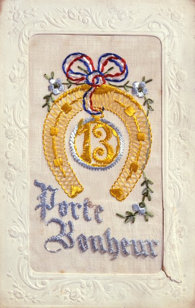 1914年以前のグッドラックチャームを描いた刺繍のポストカード（シルクとカード） 作： French School