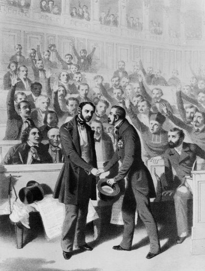 皇帝ルイナポレオンボナパルト3世（1808-73）1848年12月24日、グランドアルミーのアンヴァリッド連隊の視察でプチ将軍と握手 作： French School