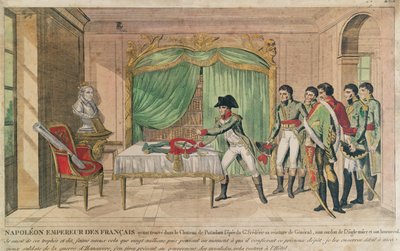 ナポレオン皇帝1806年にポツダムでフレデリック大王の剣を熟考している（色の彫刻） 作： French School