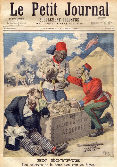 1896年6月、軍事作戦の資金調達のためにエジプト国債の積立金に手をつけるイギリス - 「Le Petit Journal」のイラスト 作： French School