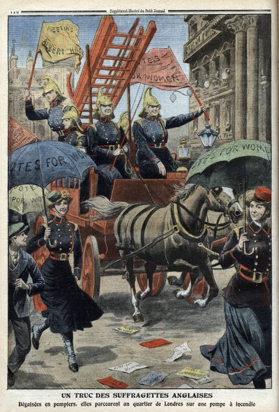 消防士の格好をしたイギリスのサフラジェットたち（1910年4月3日付「Le Petit Journal」より）（エングレーヴィング 作： French School