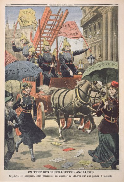1910年4月3日、ルプティジャーナルの消防士に扮した英国のサフラゲット 作： French School