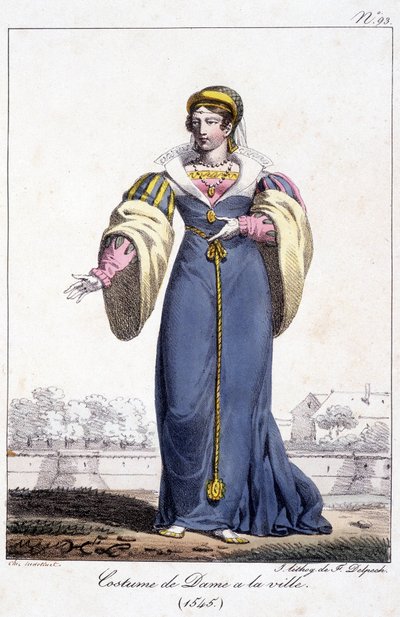 1545年頃の町での女性の衣装を描いたエングレーヴィング。 作： French School