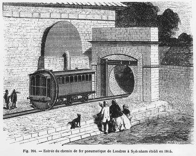1865年に設立されたロンドンからサイデンハムまでの空気圧式鉄道の入り口 - L. Figuier著「The Wonders of Science」による。¿ 作： French School