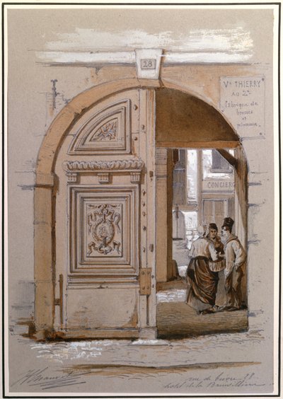 ホテルオブザマーキーズドゥブリンヴィリエへの入口、28 rue de Bievre、パリ（チョークとガッシュ紙） 作： French School
