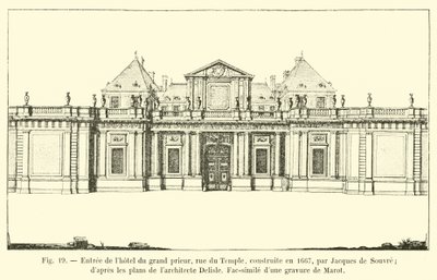 ジャックドスーヴルによって1667年に建てられた、偉大なる神殿、ルーデュテンプルのホテルへの入り口。建築家デリスルによる計画から、マロットによる彫刻のファクシミリ 作： French School