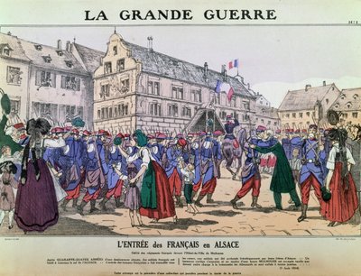 1914年8月9日、アルザス地方ミュルーズへのフランス軍の進入（カラーリトグラフ） 作： French School