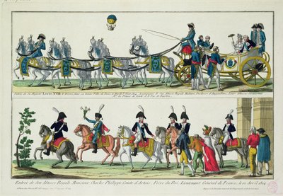 1814年4月12日、アルトワ伯、シャルルのパリへの入国、1814年5月3日、フランス国王、ナバールのルイ18世のパリへの入場 作： French School