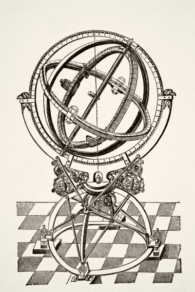 Anéis ou Círculos Equatoriais, após gravura em cobre no livro Tychonis Brahe Astronomiae Instauratae Mechanica de 1602, de Ciência e Literatura na Idade Média pelo pub Paul Lacroix. Londres 1878 作： French School