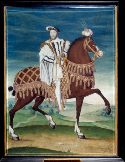 フランス王フランソワ1世（1494-1547）の騎馬像 フランス派の匿名絵画。16世紀。薄暗い。0.27x0.205 m. シャンティのコンデ美術館 - フランス王フランソワ1世（1494-1547）の騎馬像 無名。フランス派の絵画 作： French School