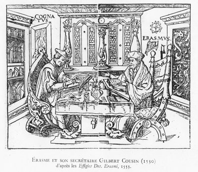 エラスムスとその秘書ギルバート・クーサン（木版画 作： French School