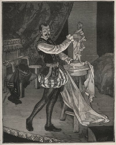 Etienne Marin Melingue（1808-1875）は、フランスの俳優で、Paul Meuriceによって舞台化されたAlexandre Dumas pereの「Ascanio」で彫刻家Benvenuto Celliniを演じた。Adolphe BITARDの「Les arts et metiers illustres」に掲載された1880年のエングレーヴィング。 作： French School