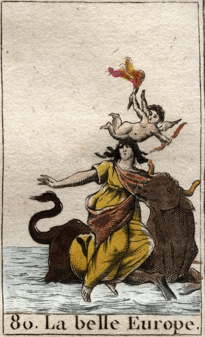 雄牛の姿をしたゼウスにさらわれたエウロパ（Pierre Blanchard 1803「Mythologie de la jeunes」より）。 作： French School