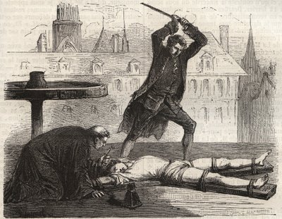 1777年にパリのグレーブ広場で行われた毒殺者アントワーヌ・フランソワ（アントワーヌ・フランソワ）・デスルーズ（1744-1777）の処刑（Le torice de la roue） - パリのグレーブ広場で車輪の上で壊されたデスルーズの処刑 作： French School