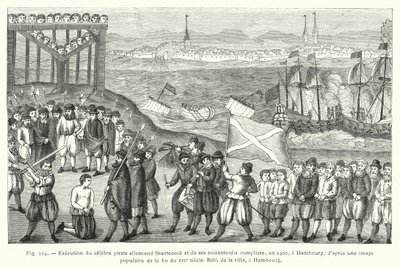1402年にハンブルクで行われた、ドイツの有名な海賊ストアーテネックとその共犯者70人の処刑（16世紀末の一般的な絵より）、ハンブルク市立図書館（彫刻作品 作： French School