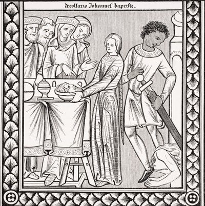 セント・ルイの13世紀の詩篇本のミニチュアの後、ポール・ラクロア（1806-84）による「ル・モヤン・エイジ・エ・ラ・ルネッサンス」から1847年に出版された洗礼者ヨハネの処刑 作： French School