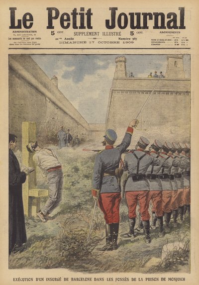 1909年7月、バルセロナの反乱に参加した人物のモンジュイック刑務所での処刑（カラーリトグラフ 作： French School