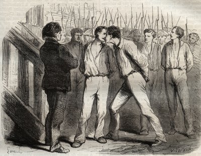 1822年9月21日、ラ・ロシェルの4人の軍曹の処刑。ボリー、ラウルクス、ゴーバン、ポミエ - 最初に通過する予定だったラウルクスは仲間との抱擁を求められた - アルマン・フーキエの「Causes celebres de tous les peuples」に掲載されたエングレーヴィング（1817-18? 作： French School