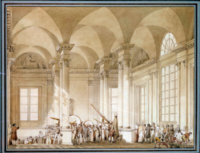 天体望遠鏡と光学機器の展示 18世紀の水彩画。パリ、ルーヴル美術館 作： French School