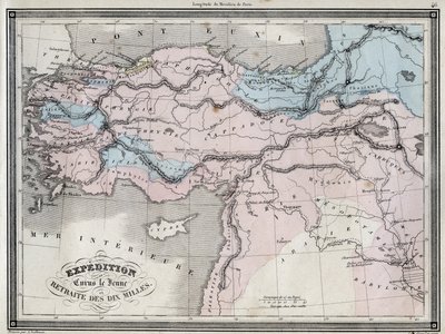 キュロスの遠征（紀元前5世紀）と10マイルの退却 - Vuillemin著「Universal Atlas of ancient and modern geography for residential schools」より抜粋 - 1845年頃 作： French School