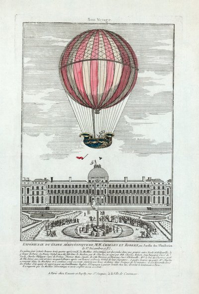 MMのエアロスタティック・グローブを体験。1783年12月1日、チュイルリー公園でのシャルルとロベールの写真（Pub.1783年（手彩色のエングレービング 作： French School