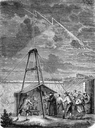 1752年5月10日、Thomas Francois (Thomas-Francois) Dalibard (1703-1779) a Marlyによって行われた、嵐の雲の中に電気石が存在することを初めて実証した経験 - エングレーヴィング 作： French School