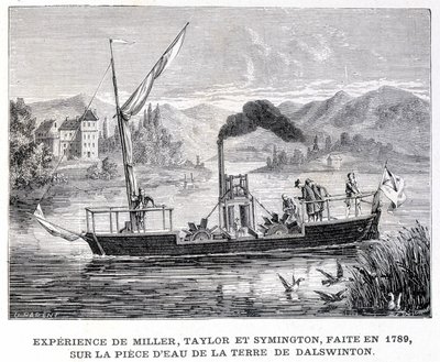 1789年にDalswintonの土地の水の部分で行われたMiller、Taylor、Symingtonの経験 - 1896年の "Album of Science; illustrious scholars; Great Discoveries "に掲載。 作： French School