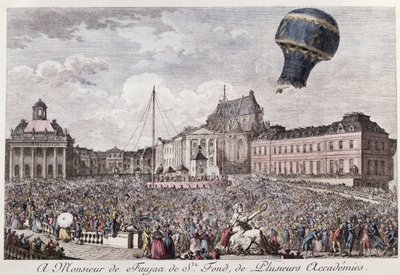 1783年9月19日、モンゴルフィエ兄弟のベルサイユで、コック、アヒル、羊のモンゴルフィエール熱気球に乗って実験 作： French School