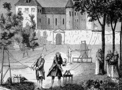 レモニエが1746年にシャルトルー修道院で行った、電気の速度を評価するための実験 - 1896年の「科学のアルバム；著名な科学者；偉大な発見」に掲載。 作： French School
