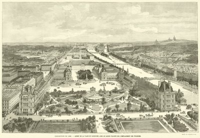 1889年の展覧会、チュイルリーの敷地に投影された庭園のあるカルーセル広場の側面（エングレービング 作： French School