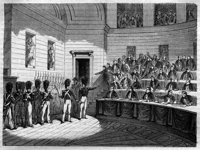 ジャック・アントワーヌ（Jacques-Antoine）マニュエル（1775-1827）の追放 フランスのリベラル派の弁護士、代議士院の政治家。モーリス・ラシャトレ著『Histoire des Papes-Rois-Queen and Empereurs a travers les centuries』所収の図版 作： French School