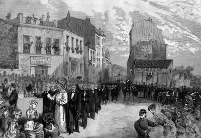 ジュール・フェリーが1880年3月に下した、無許可の宗教団体のメンバーを教える権利を奪うという判決を受けて、マルセイユからカプサン派が追放される：共同体から追放されたカプサン派に対する観衆の喝采10月 作： French School