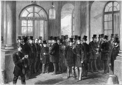 マック・マホン（Mac Mahon）のマレシャルの大統領任期延長、フランスにおけるセプテナの設立、1873年11月：プロローグの審議日、ヴェルサイユ議会の入り口ドアの様子。左から 作： French School