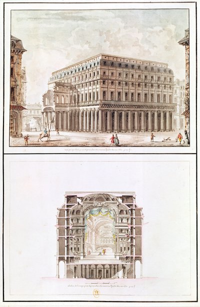 Theater de Varietesの外観と内部の断面図、6 rue de Richelieu 作： French School